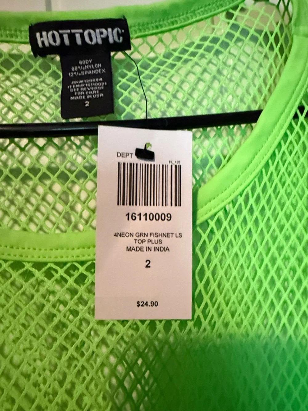 Hot Topic Neon Green Fishnet Long Sleeve Shirt Plus Size - Picture 2 of 4